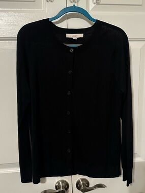 LOFT Black Button-Up Crewneck Cardigan